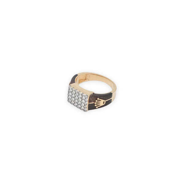 Luxury Diamond Ring with Rolex Crown Emblem Textured Design