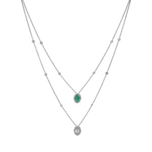 Elegant Diamond Layered Necklace with Emerald & Baguette Pendant