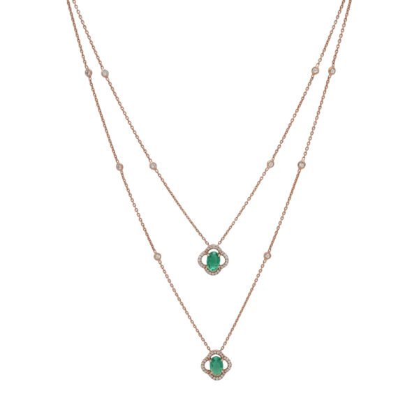 Rose Gold Diamond Necklace with Dual Emerald Pendants