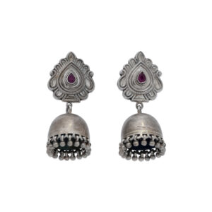 Antique Silver-Plated Jhumka Earrings with Ruby-Toned Accent