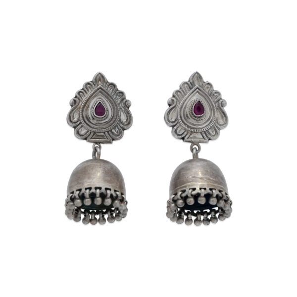 Antique Silver-Plated Jhumka Earrings with Ruby-Toned Accent
