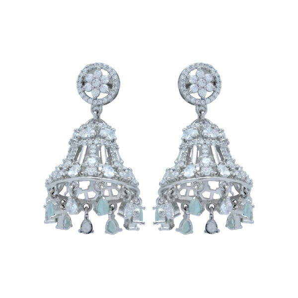 Silver-Plated Chandelier Jhumka Earrings with Mint Green