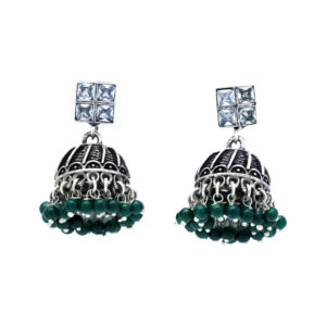 Jhumka Earrings with Green Beads and Mirror Stud Top