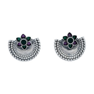 Oxidized Silver Floral Stud Earrings with Green & Purple Enamel Accents