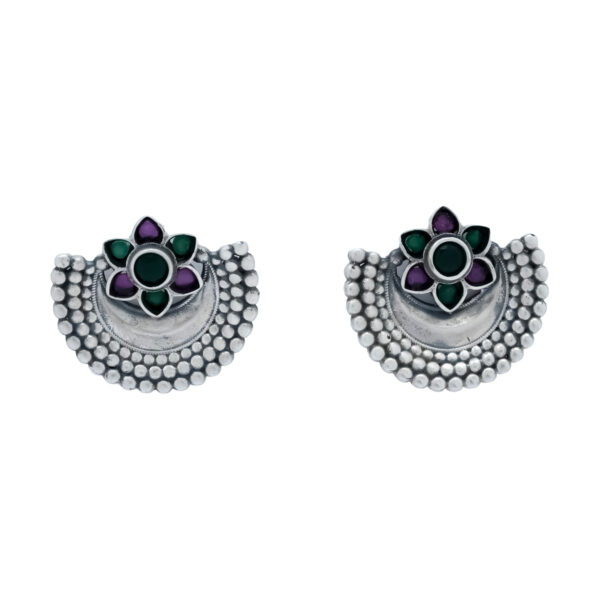 Oxidized Silver Floral Stud Earrings with Green & Purple Enamel Accents