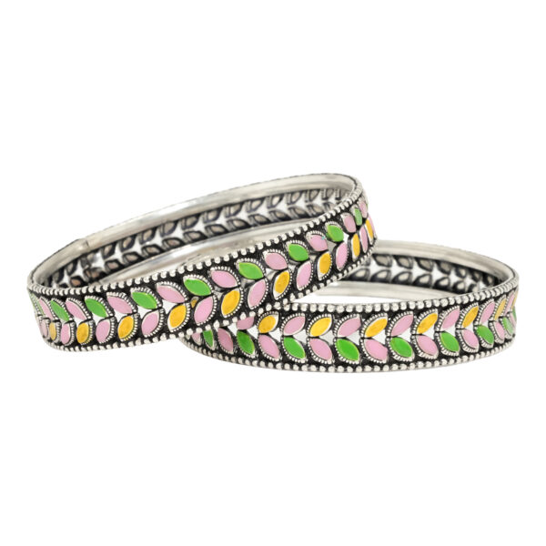 Elegant Handcrafted Silver Bangles with Enamel Leaf Design