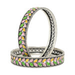 Elegant Handcrafted Silver Bangles with Enamel Leaf Design