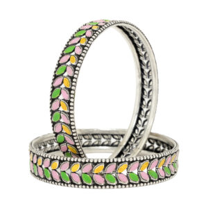 Elegant Handcrafted Silver Bangles with Enamel Leaf Design