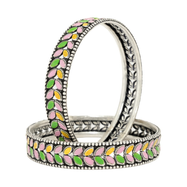 Elegant Handcrafted Silver Bangles with Enamel Leaf Design