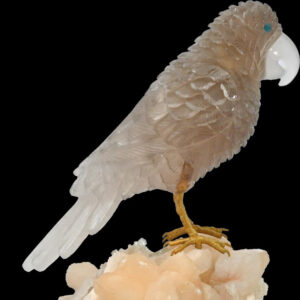 Smoky Quartz Parrot on Peach Crystal Cluster