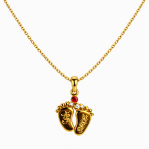Golden Footprint Pendant with Red and White Stones"