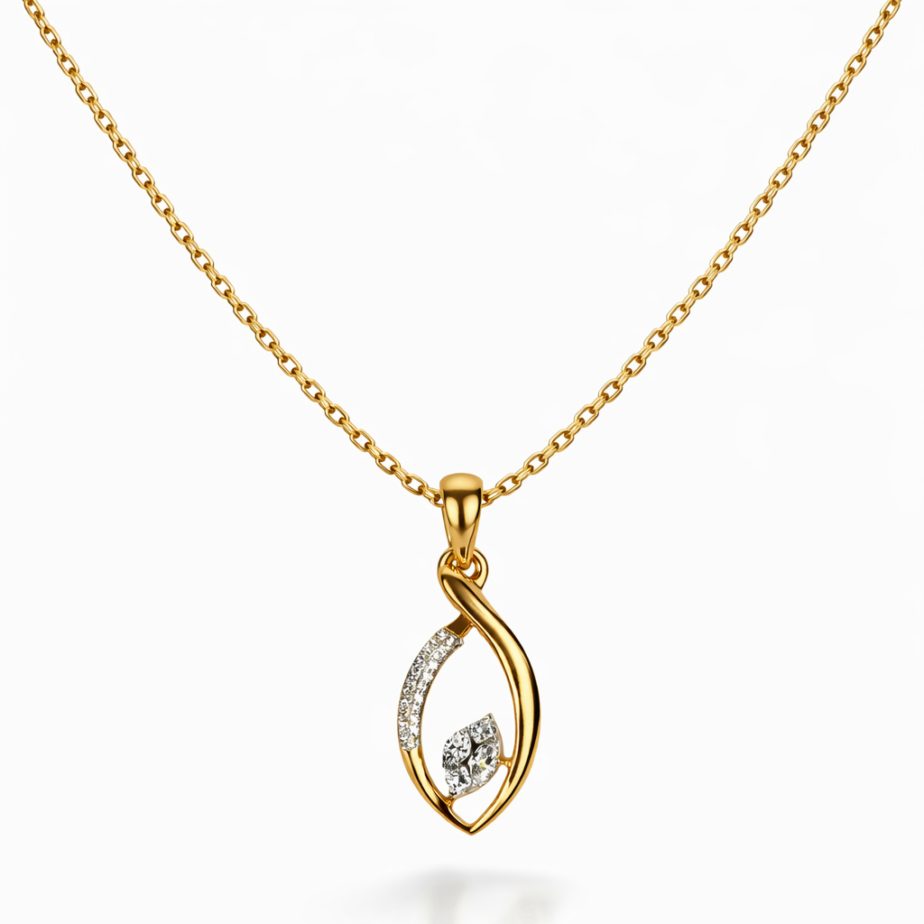 A graceful leaf-shaped pendant adorned with diamond A graceful leaf-shaped pendant adorned with diamond