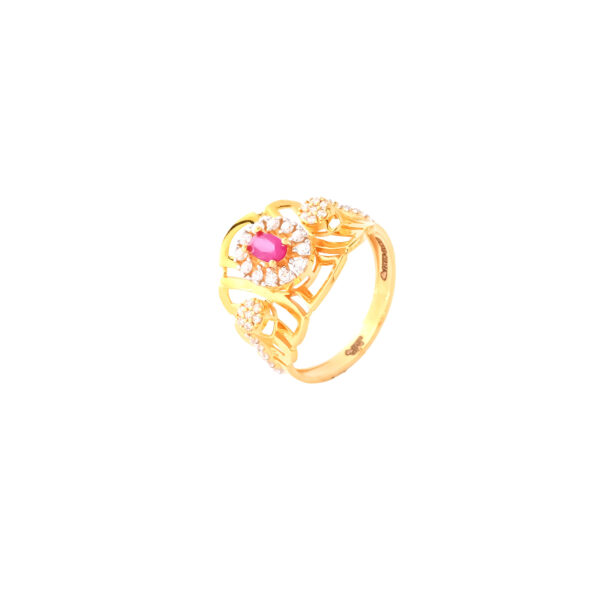 22KT Gold Ring with Pink Stone and CZ Studs